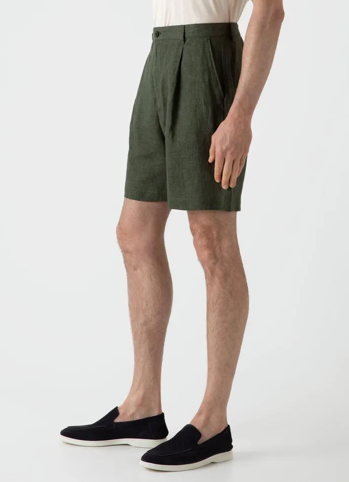 Pleated Linen Short Hunter Green Men SUNSPEL Shorts