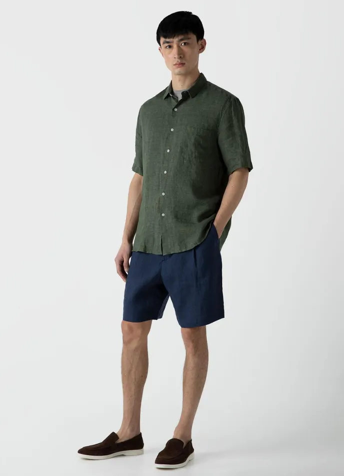 Pleated Linen Short Light Navy Men SUNSPEL Shorts