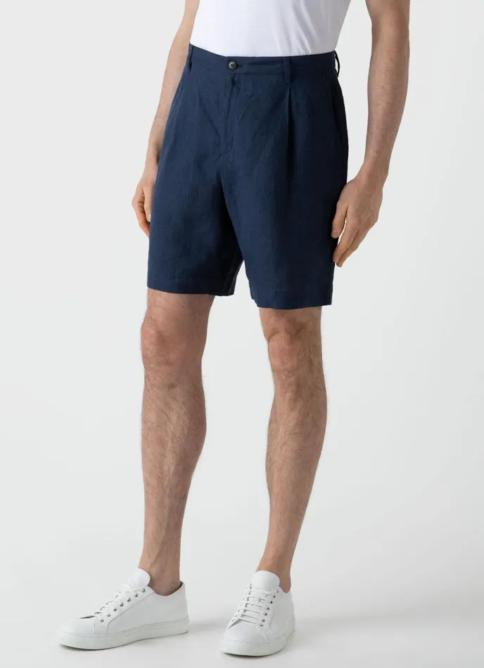 Pleated Linen Short Light Navy Men SUNSPEL Shorts