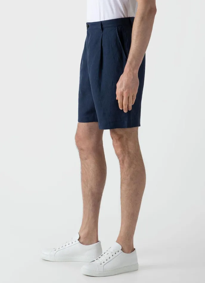 Pleated Linen Short Light Navy Men SUNSPEL Shorts