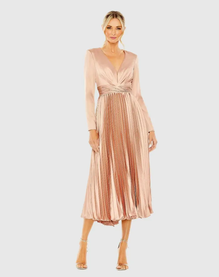 Pleated Long Sleeve VNeck Dress Rose Women Cocktail Dresses Mac Duggal