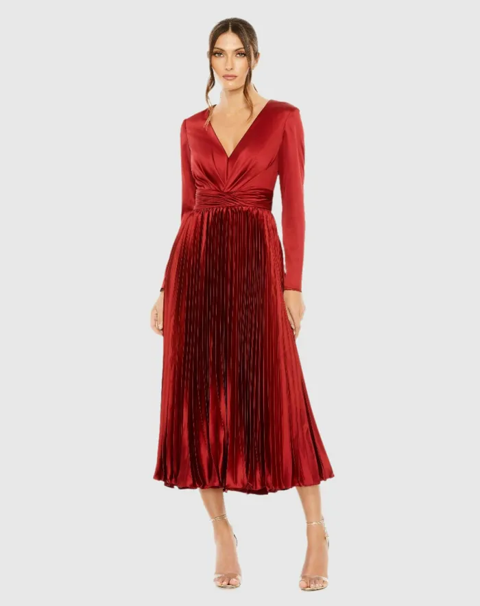 Pleated Long Sleeve VNeck Dress Rose Women Cocktail Dresses Mac Duggal