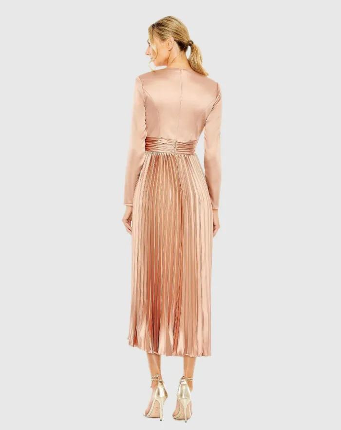 Pleated Long Sleeve VNeck Dress Rose Women Cocktail Dresses Mac Duggal