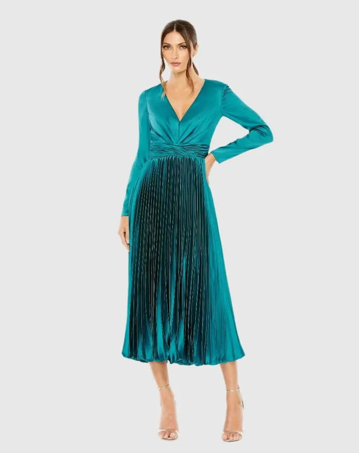 Pleated Long Sleeve VNeck Dress Rose Women Cocktail Dresses Mac Duggal
