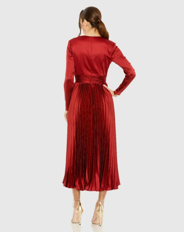 Pleated Long Sleeve VNeck Dress Rose Women Cocktail Dresses Mac Duggal