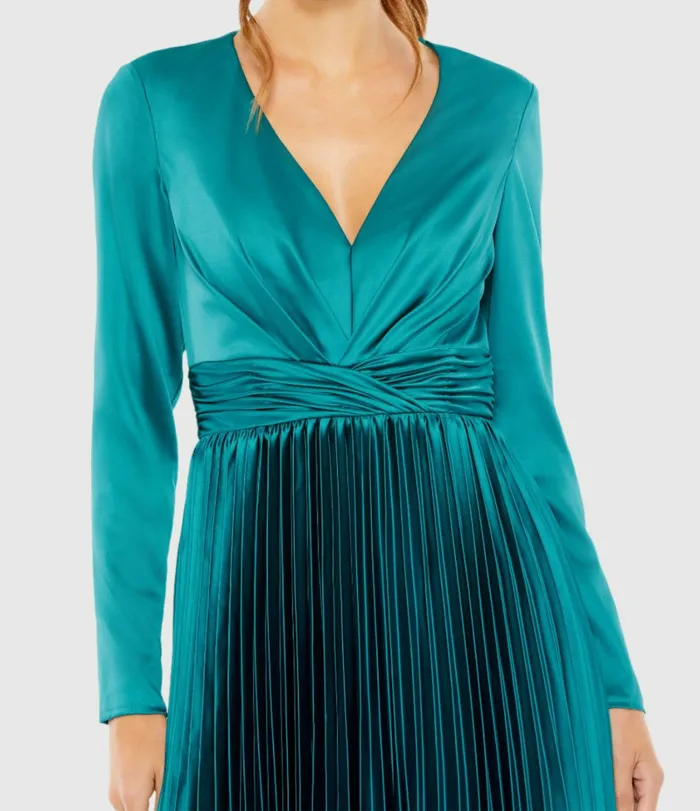 Pleated Long Sleeve VNeck Dress Rose Women Cocktail Dresses Mac Duggal