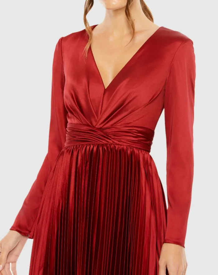 Pleated Long Sleeve VNeck Dress Rose Women Cocktail Dresses Mac Duggal