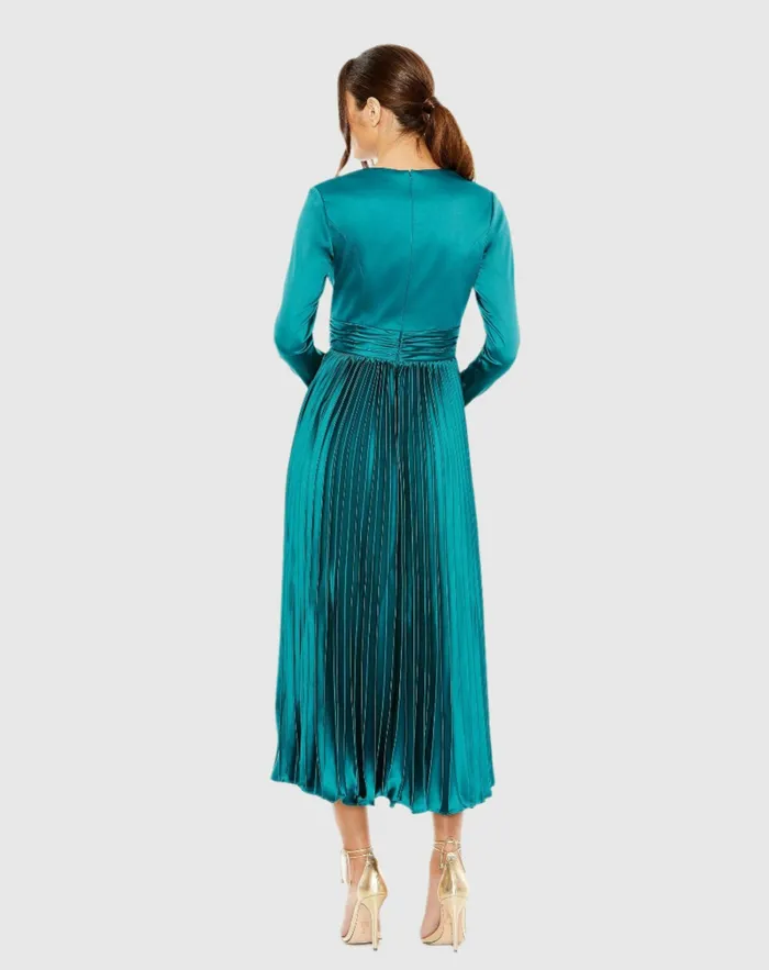 Pleated Long Sleeve VNeck Dress Rose Women Cocktail Dresses Mac Duggal