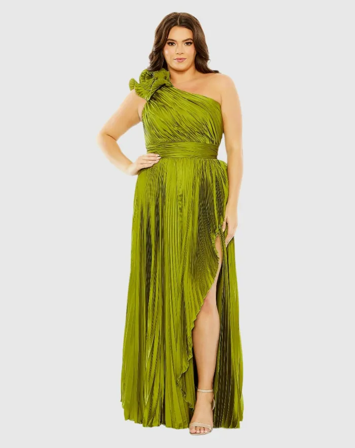 Pleated One Shoulder Rosette Detail Dress Apple Green Women Plus Size Dresses Mac Duggal Pleated One Shoulder Rosette Detail Dress Apple Green Women Plus Size Dresses Mac Duggal