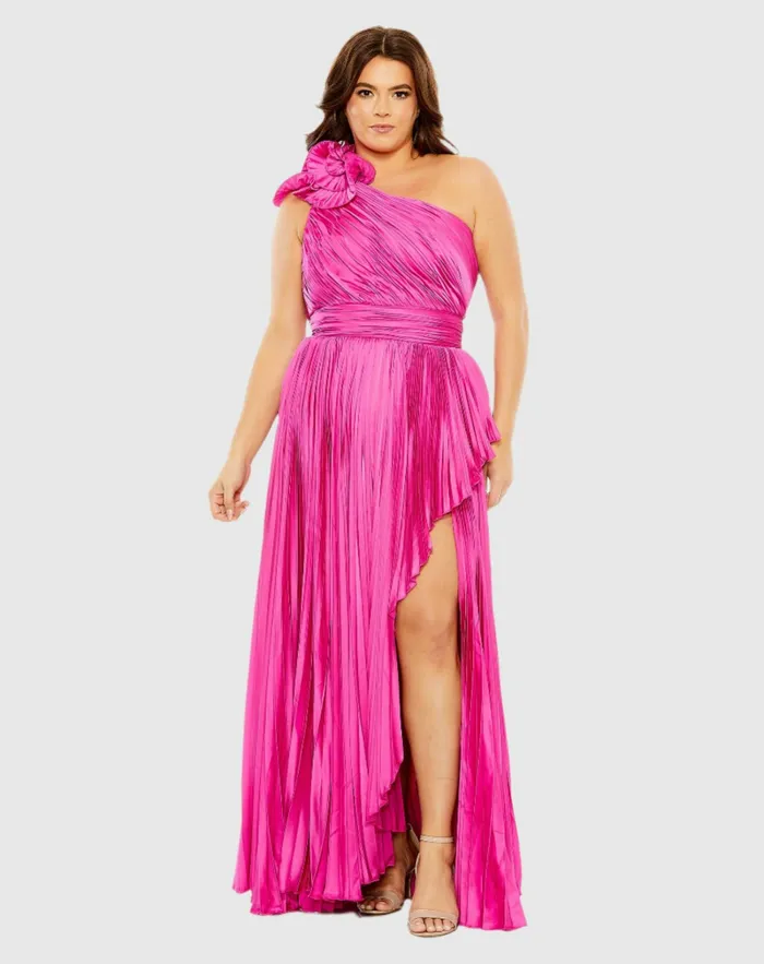 Pleated One Shoulder Rosette Detail Dress Apple Green Women Plus Size Dresses Mac Duggal Pleated One Shoulder Rosette Detail Dress Apple Green Women Plus Size Dresses Mac Duggal