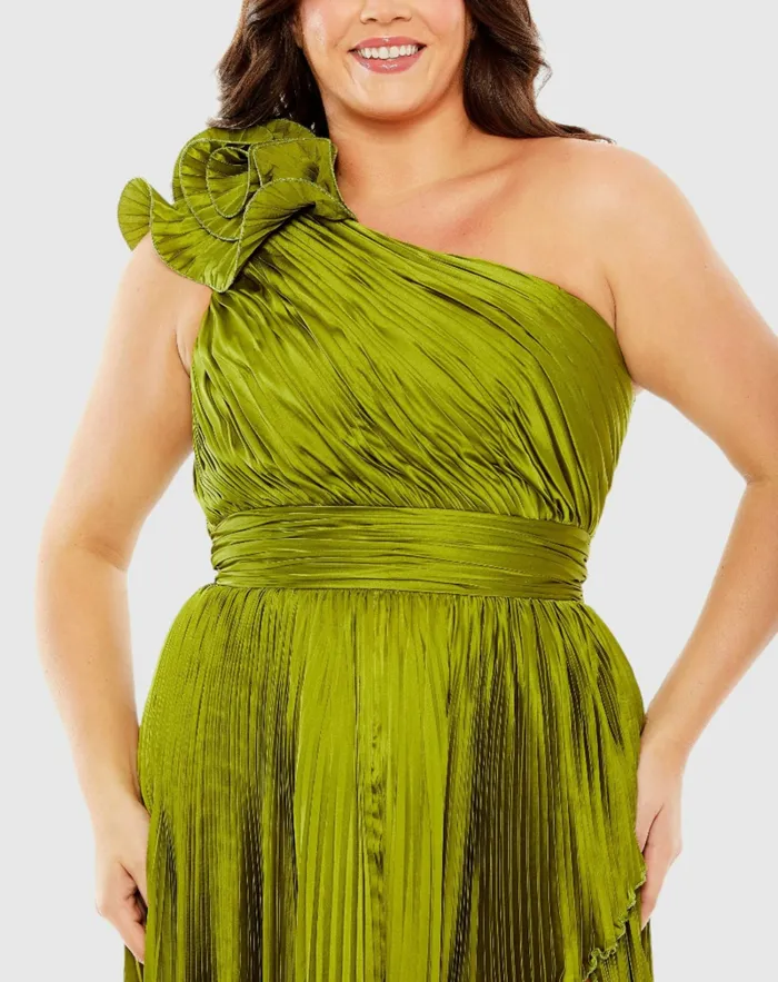 Pleated One Shoulder Rosette Detail Dress Apple Green Women Plus Size Dresses Mac Duggal Pleated One Shoulder Rosette Detail Dress Apple Green Women Plus Size Dresses Mac Duggal