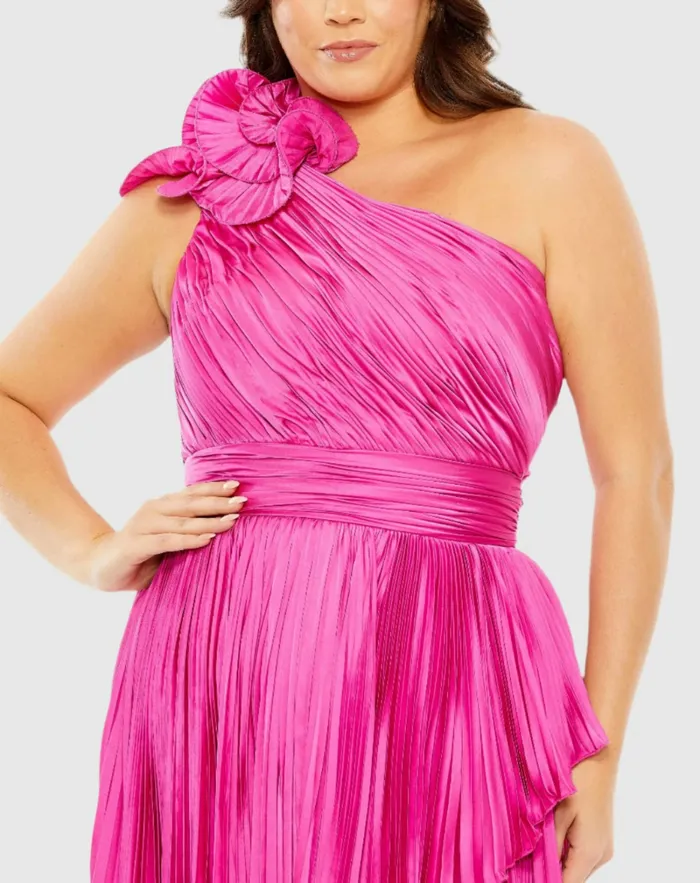 Pleated One Shoulder Rosette Detail Dress Apple Green Women Plus Size Dresses Mac Duggal Pleated One Shoulder Rosette Detail Dress Apple Green Women Plus Size Dresses Mac Duggal