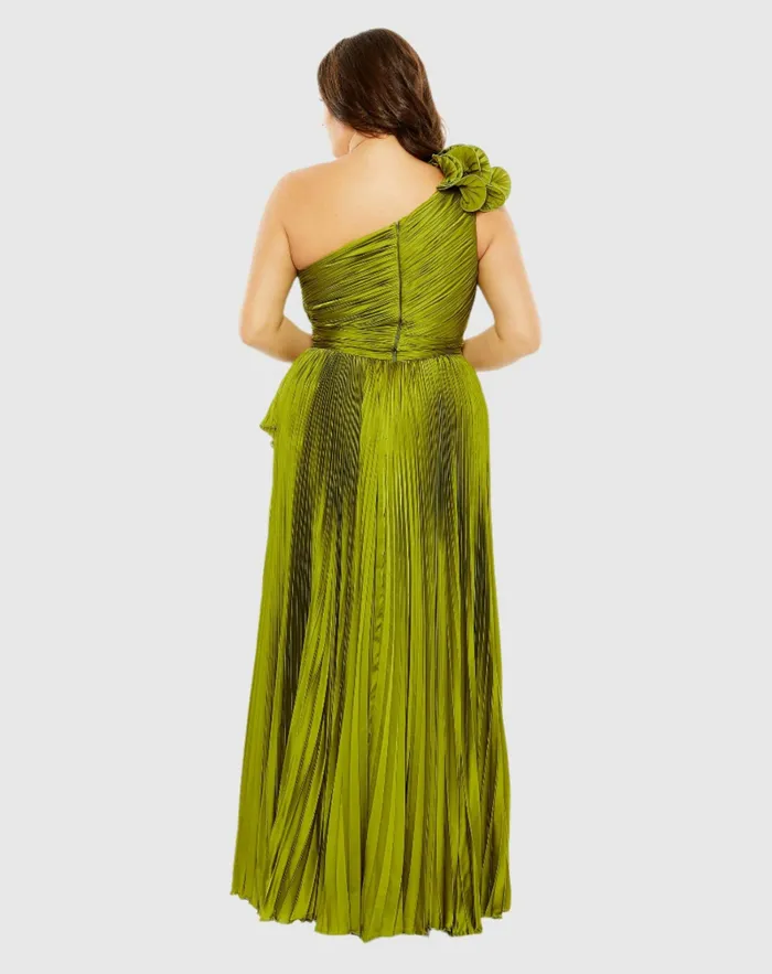 Pleated One Shoulder Rosette Detail Dress Apple Green Women Plus Size Dresses Mac Duggal Pleated One Shoulder Rosette Detail Dress Apple Green Women Plus Size Dresses Mac Duggal