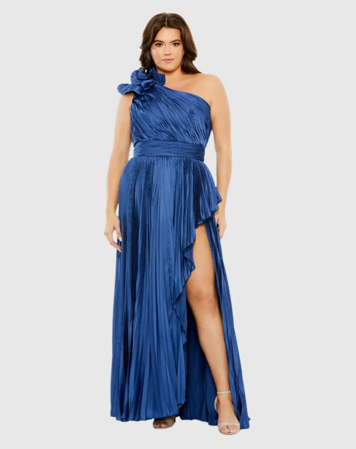 Pleated One Shoulder Rosette Detail Dress Apple Green Women Plus Size Dresses Mac Duggal Pleated One Shoulder Rosette Detail Dress Apple Green Women Plus Size Dresses Mac Duggal