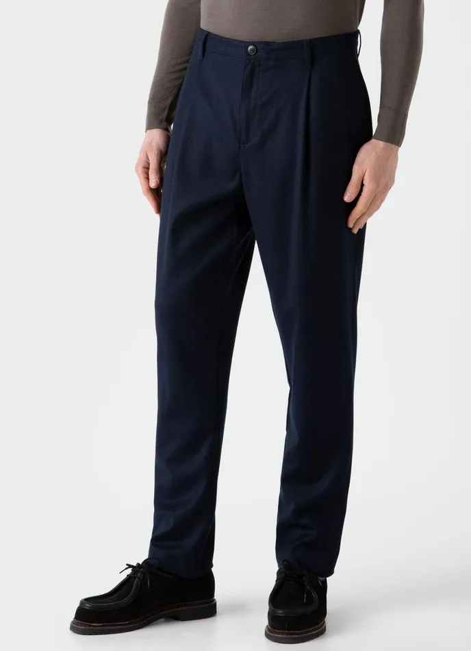 Pleated Wool Flannel Trouser Navy Melange Men SUNSPEL Pants