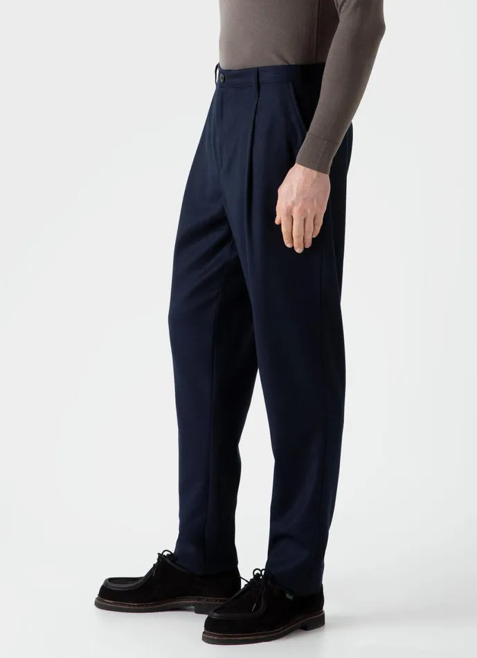 Pleated Wool Flannel Trouser Navy Melange Men SUNSPEL Pants