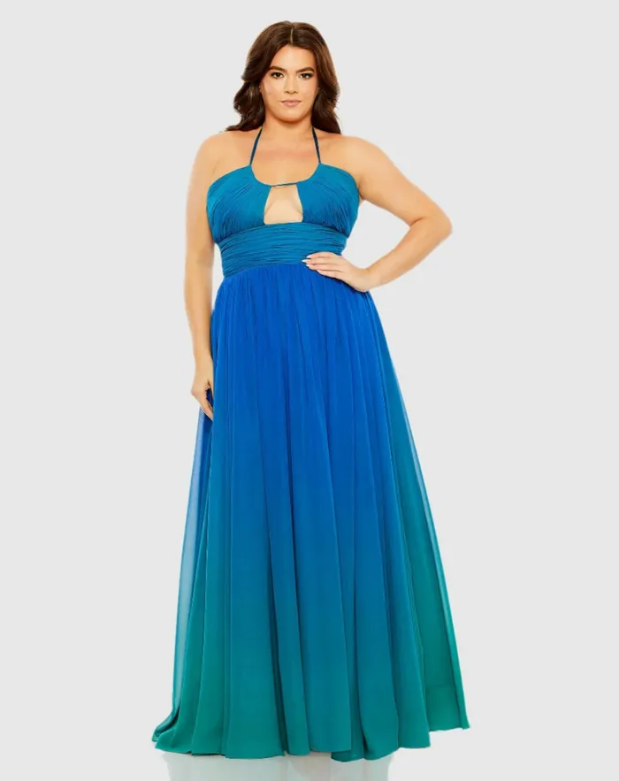 Plus Size Dresses Mac Duggal Women Halter Ruched Ombre Gown Plus Ocean Ombre