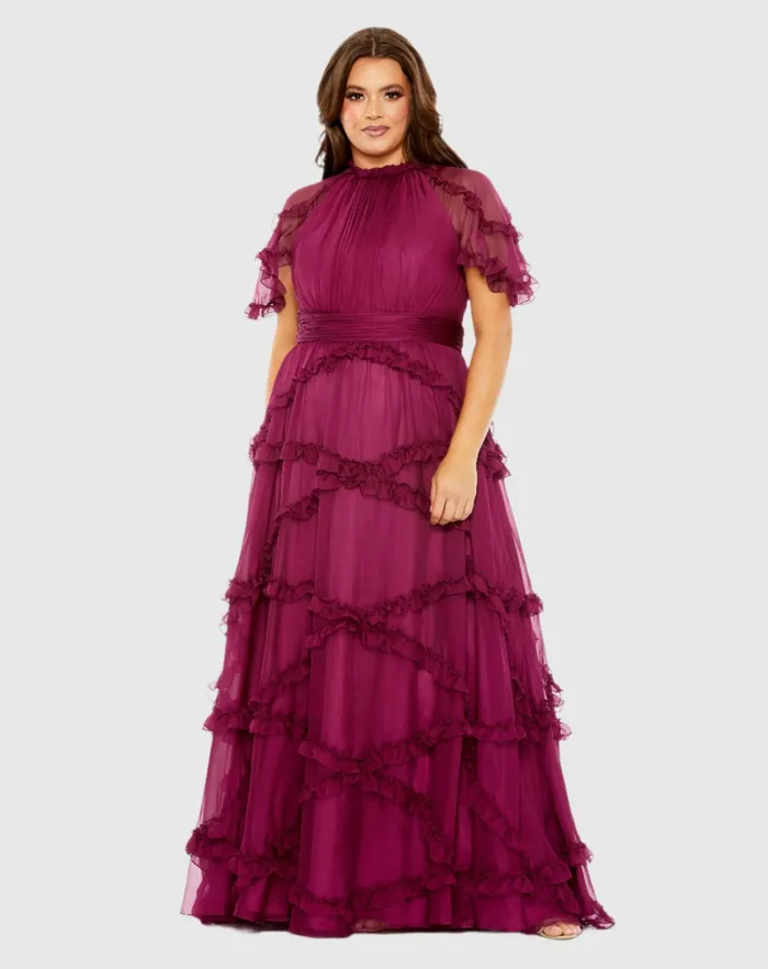 Plus Size Dresses Mac Duggal Women High Neck Ruffle Tiered Flutter Sleeve Plus Size Dress Raspberry Plus Size Dresses Mac Duggal Women High Neck Ruffle Tiered Flutter Sleeve Plus Size Dress Raspberry