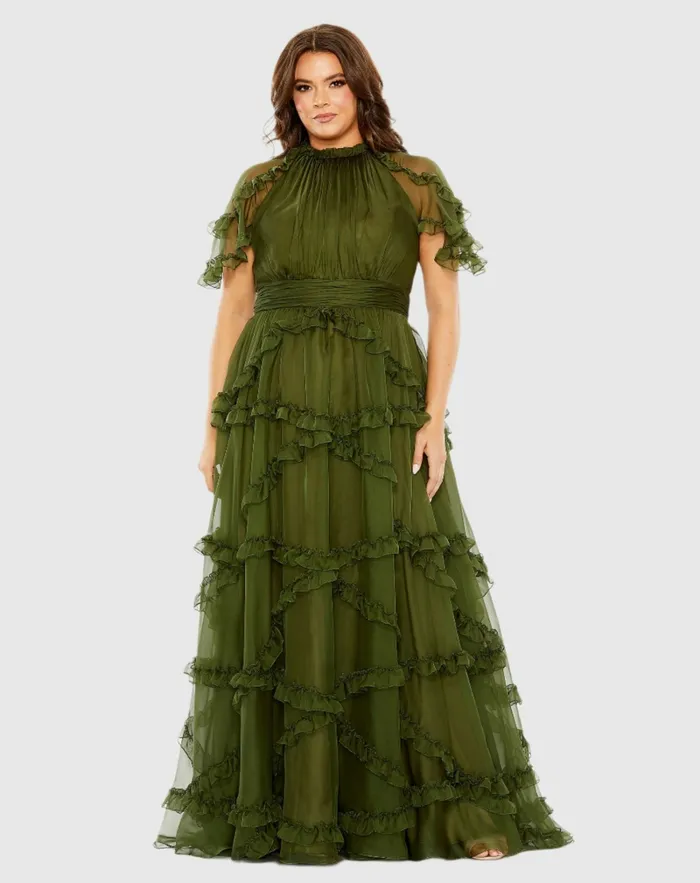 Plus Size Dresses Mac Duggal Women High Neck Ruffle Tiered Flutter Sleeve Plus Size Dress Raspberry