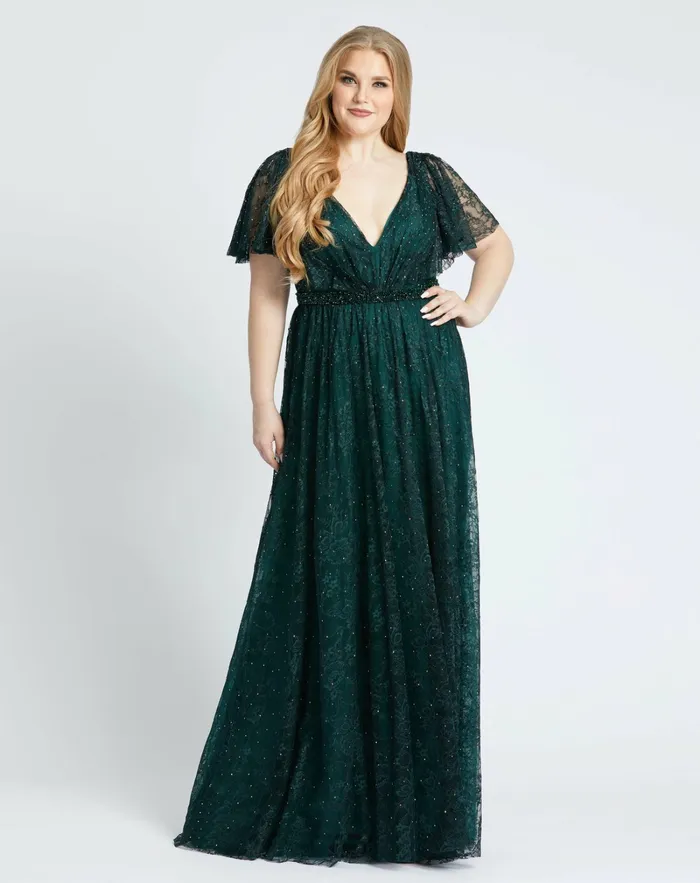Plus Size Dresses Mac Duggal Women Lace Flutter Sleeve A Line Gown Midnight