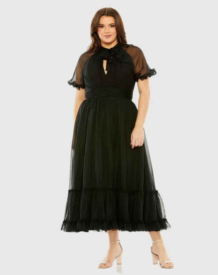 Plus Size Dresses Women Mac Duggal Sheer Puff Sleeve Plus Size Dress Black