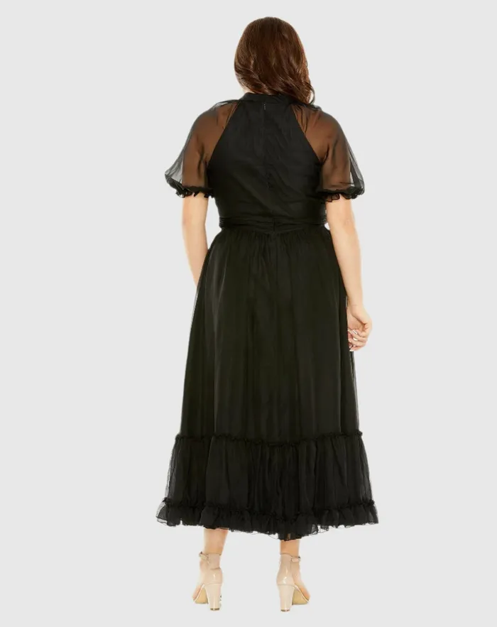 Plus Size Dresses Women Mac Duggal Sheer Puff Sleeve Plus Size Dress Black