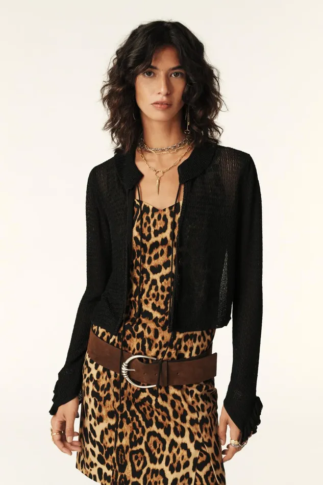 Pointelle Knit Cardigan Cathy Black Women Baandsh Sweaters and Cardigans