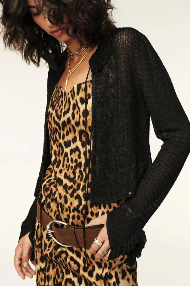 Pointelle Knit Cardigan Cathy Black Women Baandsh Sweaters and Cardigans