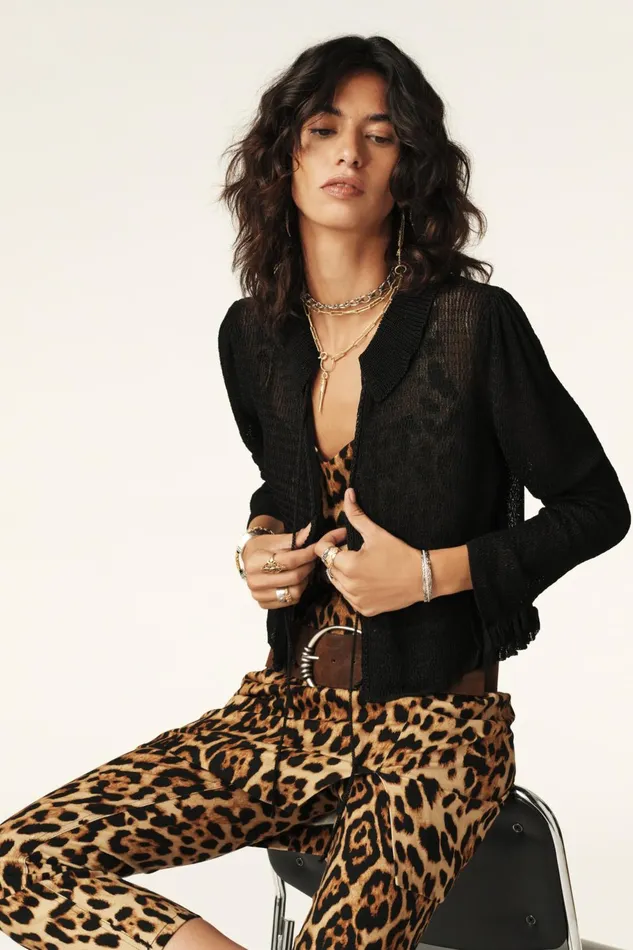 Pointelle Knit Cardigan Cathy Black Women Baandsh Sweaters and Cardigans