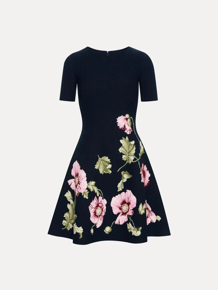 Poppy Jacquard Dress Navy Pink Women Oscar De La Renta Dresses