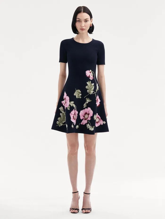 Poppy Jacquard Dress Navy Pink Women Oscar De La Renta Dresses Poppy Jacquard Dress Navy Pink Women Oscar De La Renta Dresses