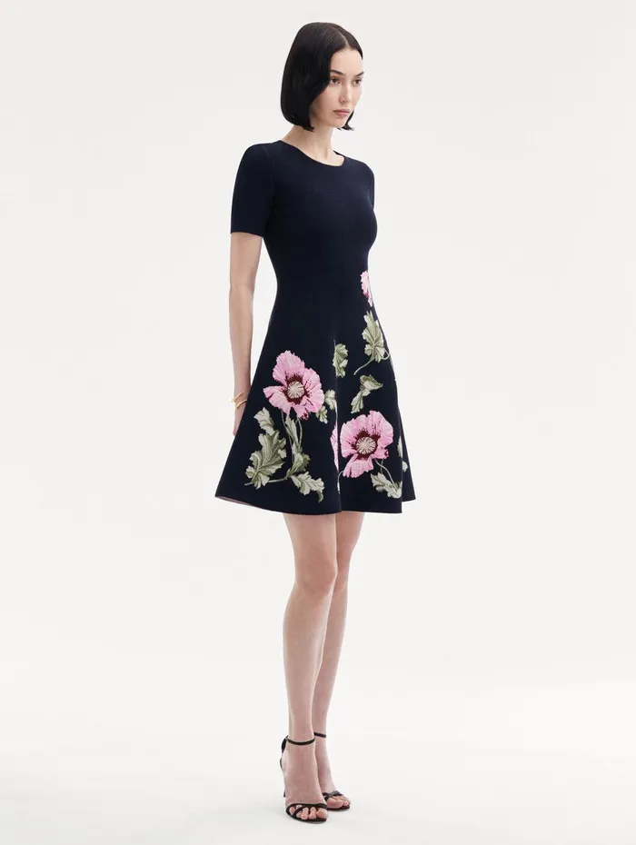 Poppy Jacquard Dress Navy Pink Women Oscar De La Renta Dresses Poppy Jacquard Dress Navy Pink Women Oscar De La Renta Dresses