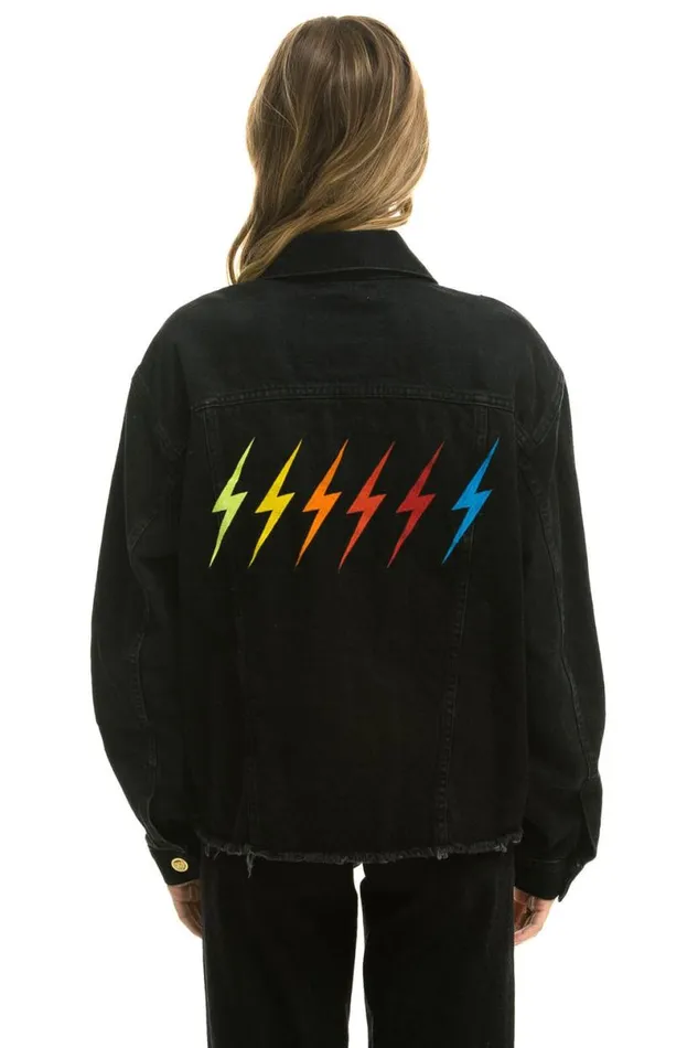 Rainbow Bolt Oversized Crop Denim Jacket 8211 Vintage Black WomenMen Aviator Nation Denim Rainbow Bolt Oversized Crop Denim Jacket 8211 Vintage Black WomenMen Aviator Nation Denim