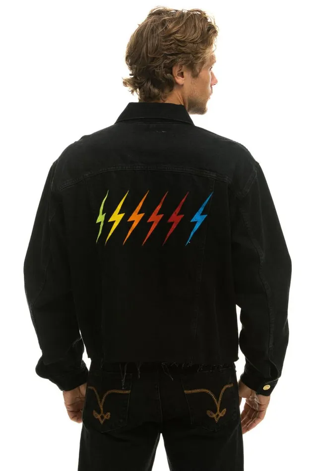 Rainbow Bolt Oversized Crop Denim Jacket 8211 Vintage Black WomenMen Aviator Nation Denim