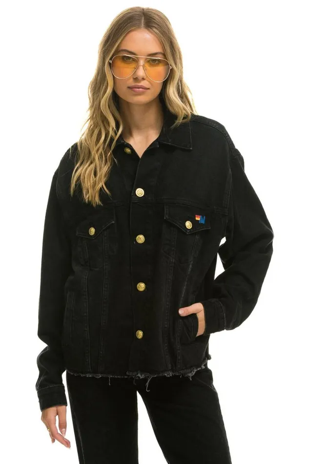 Rainbow Bolt Oversized Crop Denim Jacket 8211 Vintage Black WomenMen Aviator Nation Denim