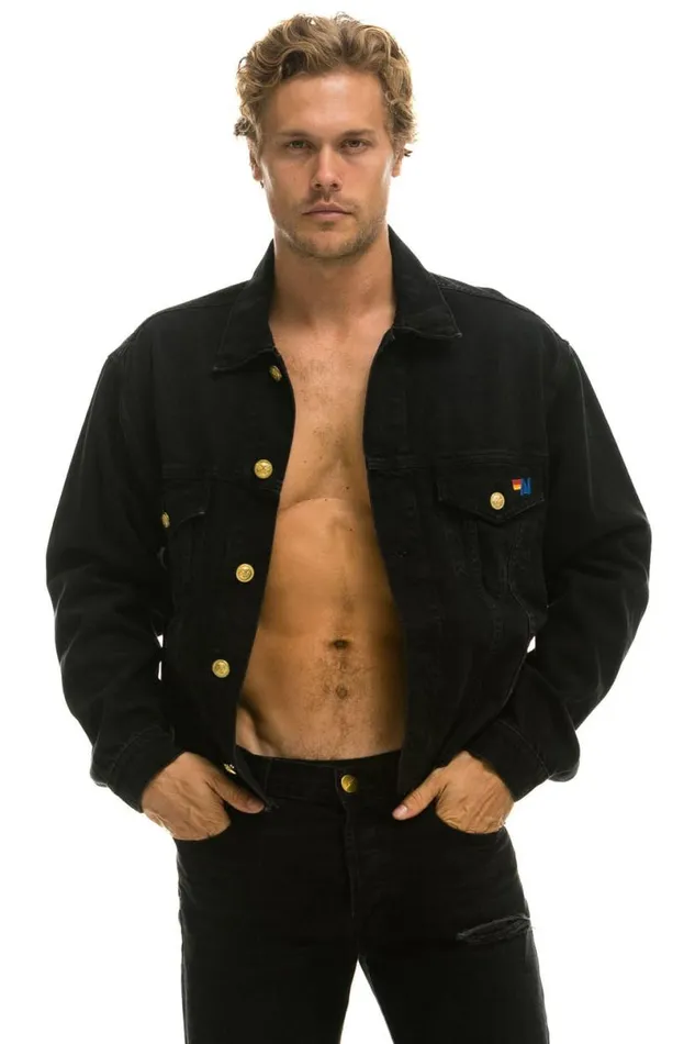 Rainbow Bolt Oversized Crop Denim Jacket 8211 Vintage Black WomenMen Aviator Nation Denim