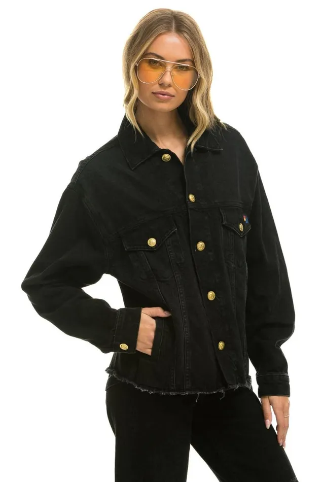 Rainbow Bolt Oversized Crop Denim Jacket 8211 Vintage Black WomenMen Aviator Nation Denim