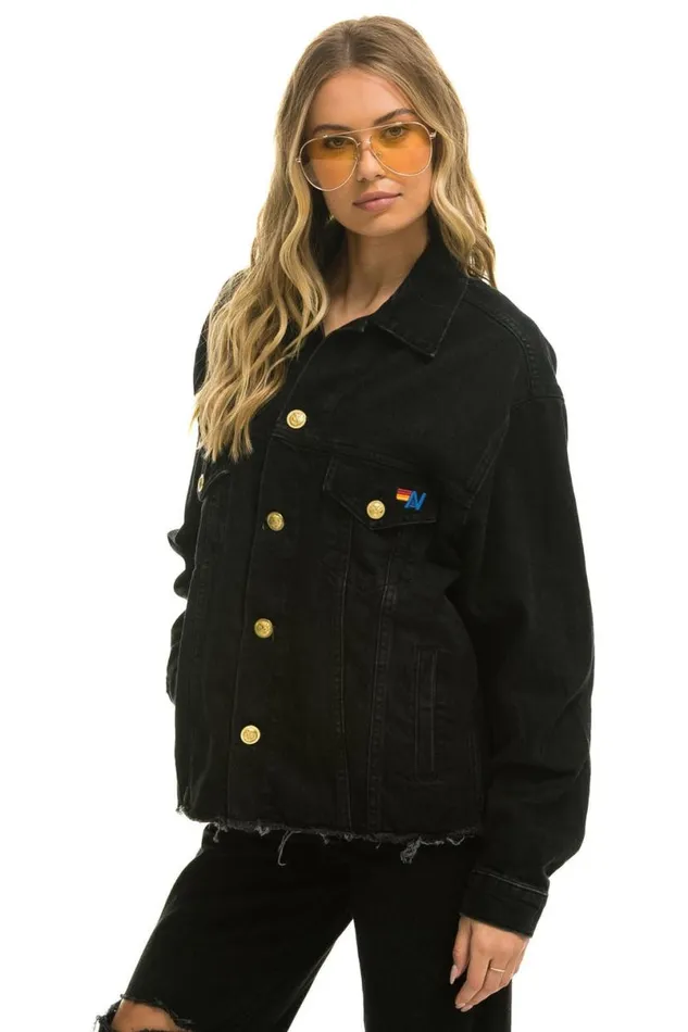 Rainbow Bolt Oversized Crop Denim Jacket 8211 Vintage Black WomenMen Aviator Nation Denim