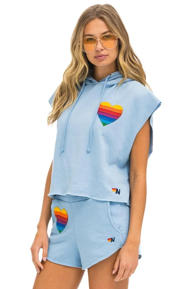 Rainbow Heart Stitch Sleeveless Relaxed Cropped Pullover Hoodie 8211 Ice Women Aviator Nation Hoodies