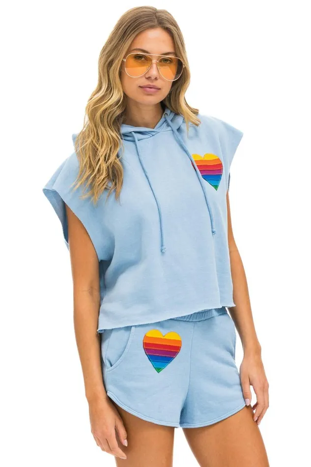 Rainbow Heart Stitch Sleeveless Relaxed Cropped Pullover Hoodie 8211 Ice Women Aviator Nation Hoodies