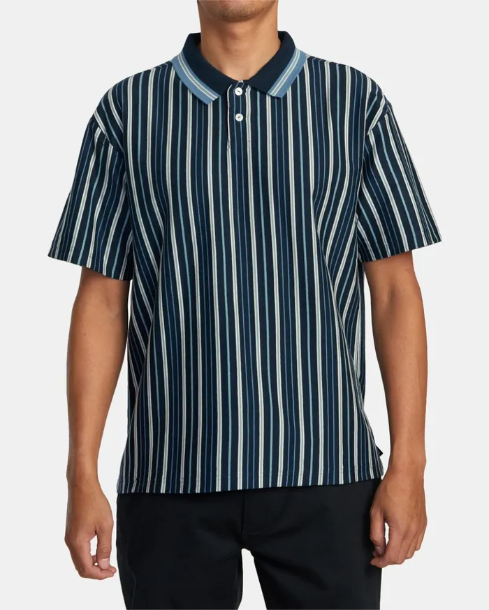 RVCA Short Sleeves Uptown Stripe Short Sleeve Polo Shirt Moody Blue 8211 Men