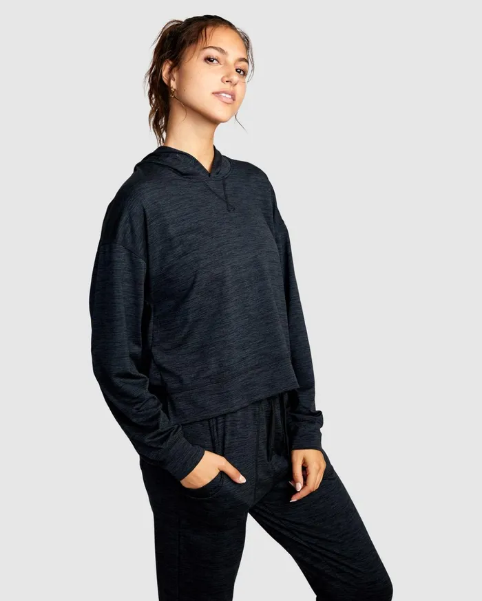 RVCA Tops CAble Cropped Workout Hoodie Black Heather 8211 Women