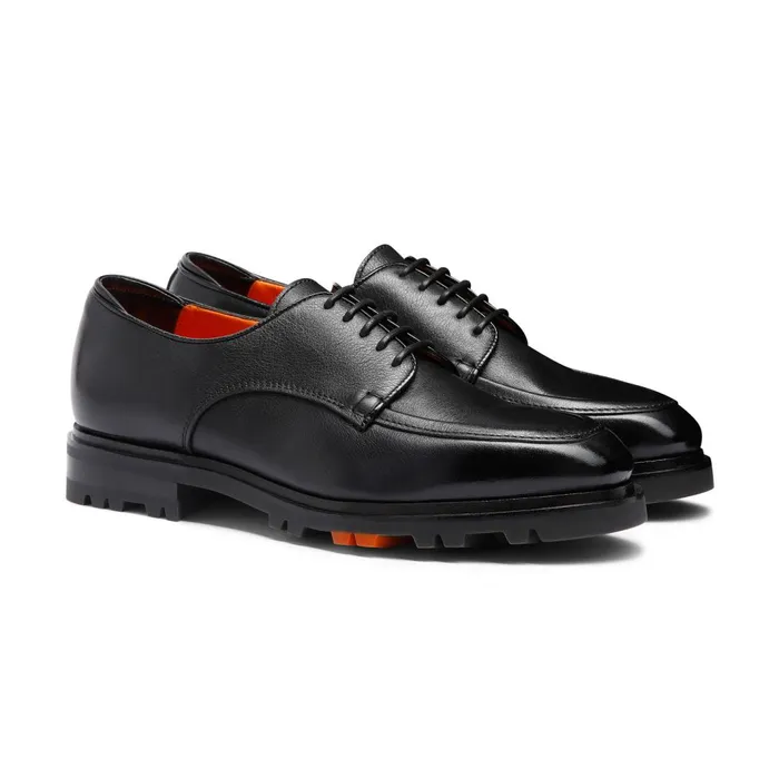 Santoni Black Leather Derby Shoe Men LaceUps