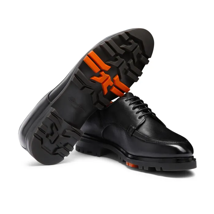 Santoni Black Leather Derby Shoe Men LaceUps