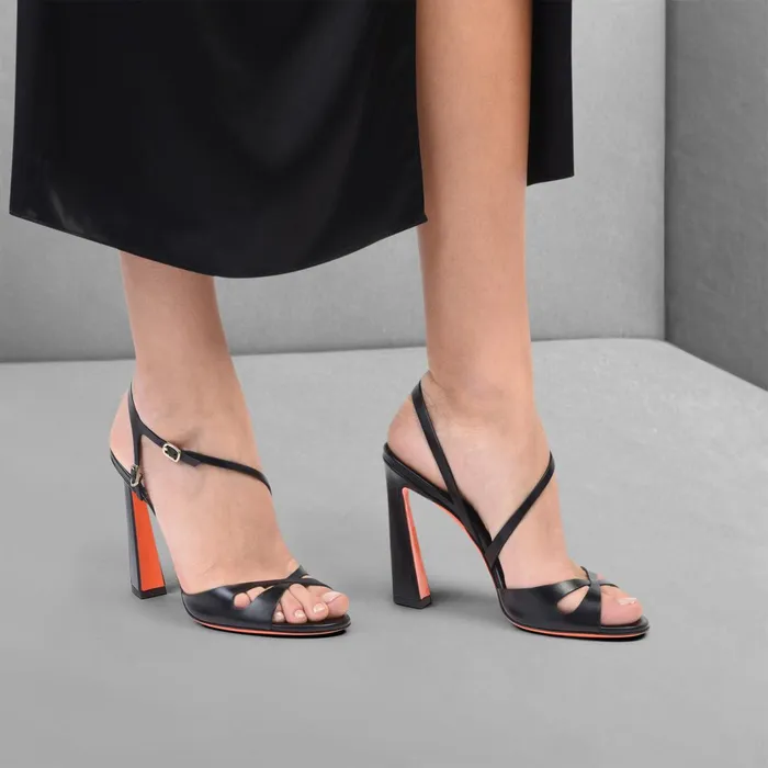 Santoni Black Leather HighHeel Mona Sandal Women Sandals