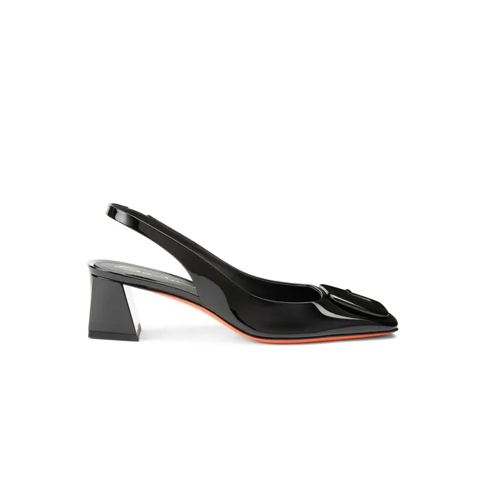 Santoni Black Patent Leather MidHeel Slingback Women Pumps and Heels
