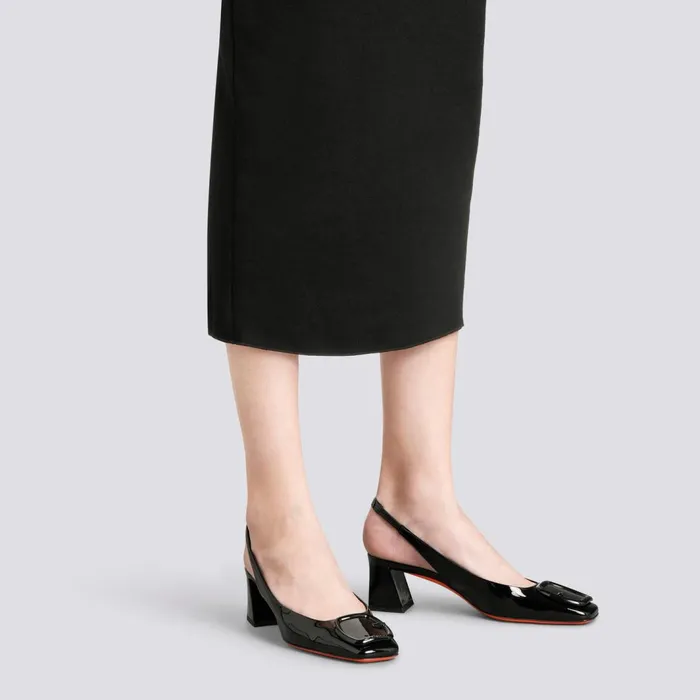 Santoni Black Patent Leather MidHeel Slingback Women Pumps and Heels