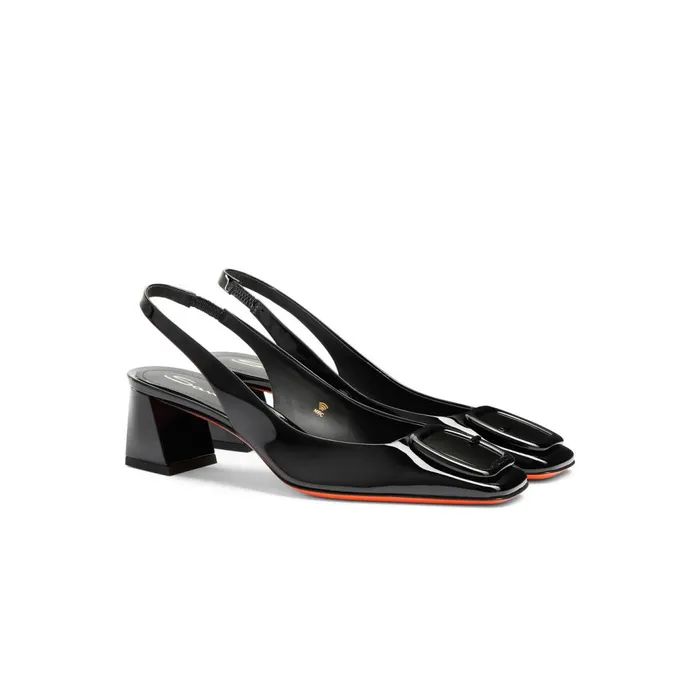 Santoni Black Patent Leather MidHeel Slingback Women Pumps and Heels