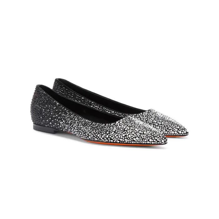 Santoni Black Suede And Strass Ballet Flat Women Flats Shoes