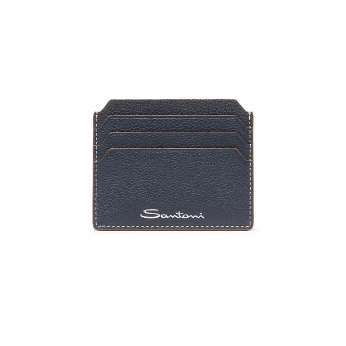 Santoni Blue Tumbled Leather Credit Card Holder Men Small Leather Goods